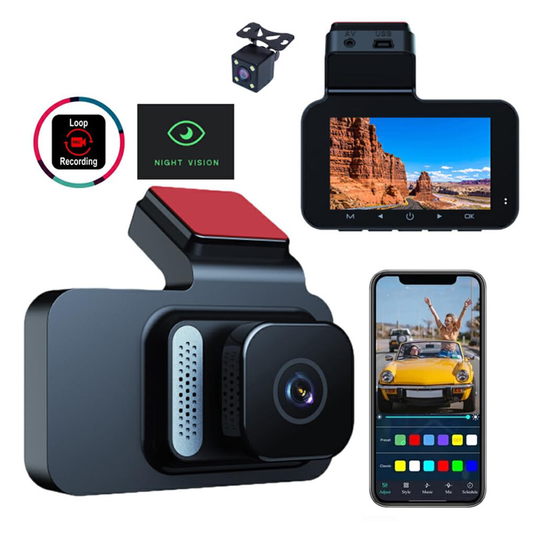 Caméra de voiture WiFi 1080P – Double objectif avec écran IPS 3", vision nocturne et mode stationnement 24h